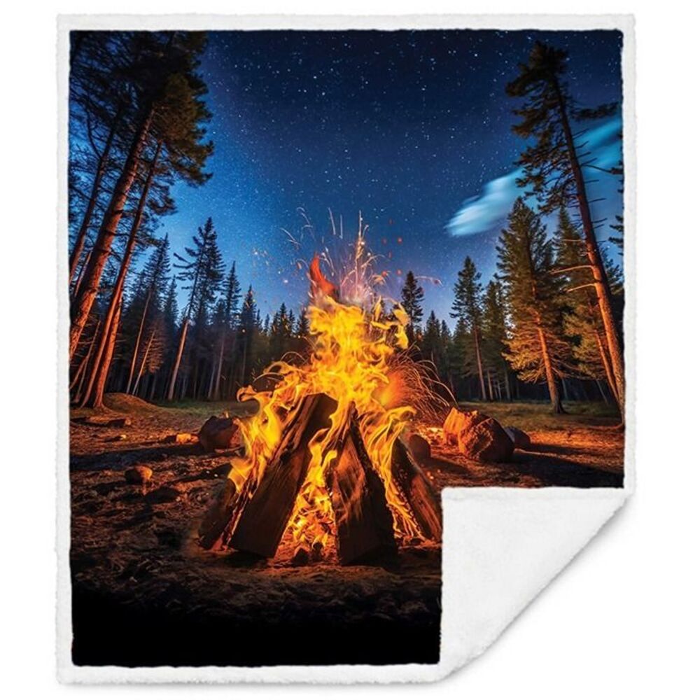 Fireside Trees Sherpa Fleece Blanket 50x60" camping throw kids adults campfire